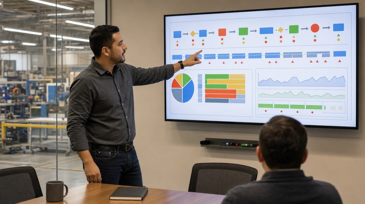 Quality lead reviewing a Lean ISO value stream dashboard
