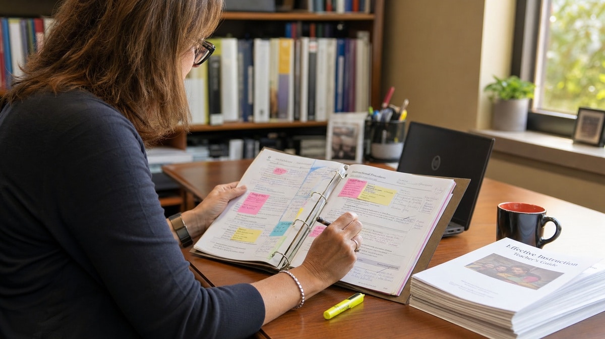 Instructional coordinator reviewing a tabbed teaching-procedures binder with sticky notes at a desk