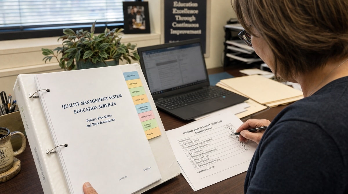 Training and quality manager reviewing a quality management system binder and audit checklist
