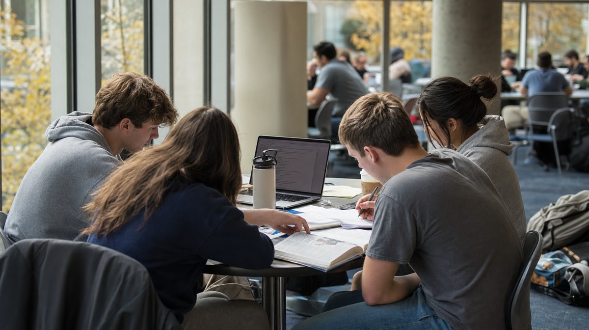 Students collaborating over open books and a laptop in a bright learning commons