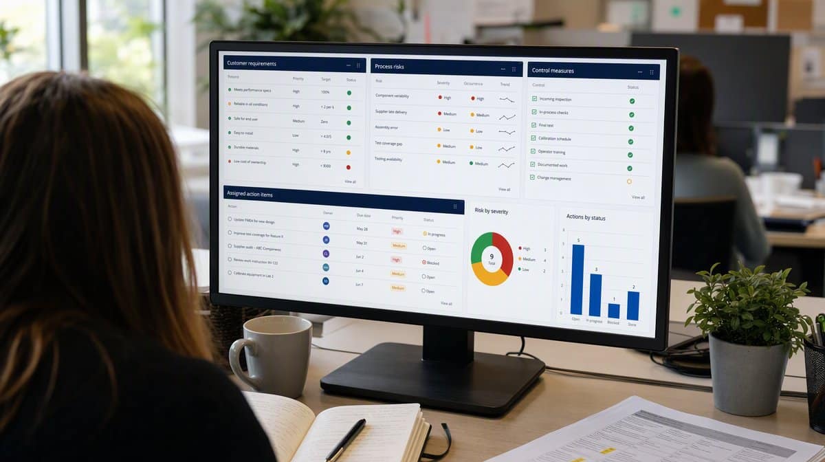 Quality planning dashboard organizing customer requirements, risks, controls, and actions