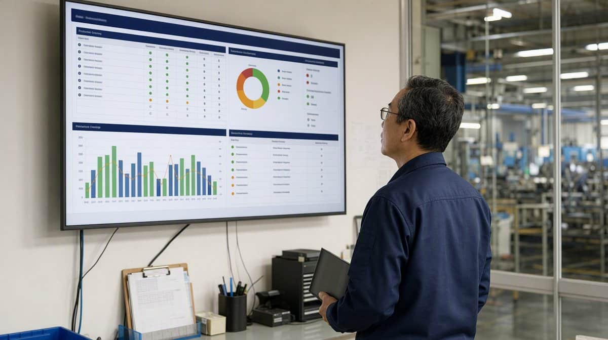 Quality supervisor reviewing inspection results and corrective actions on a production dashboard
