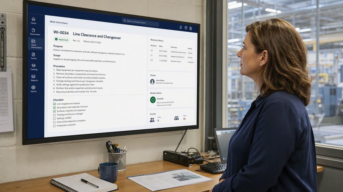 Operations manager reviewing an approved procedure, revision history, and access controls