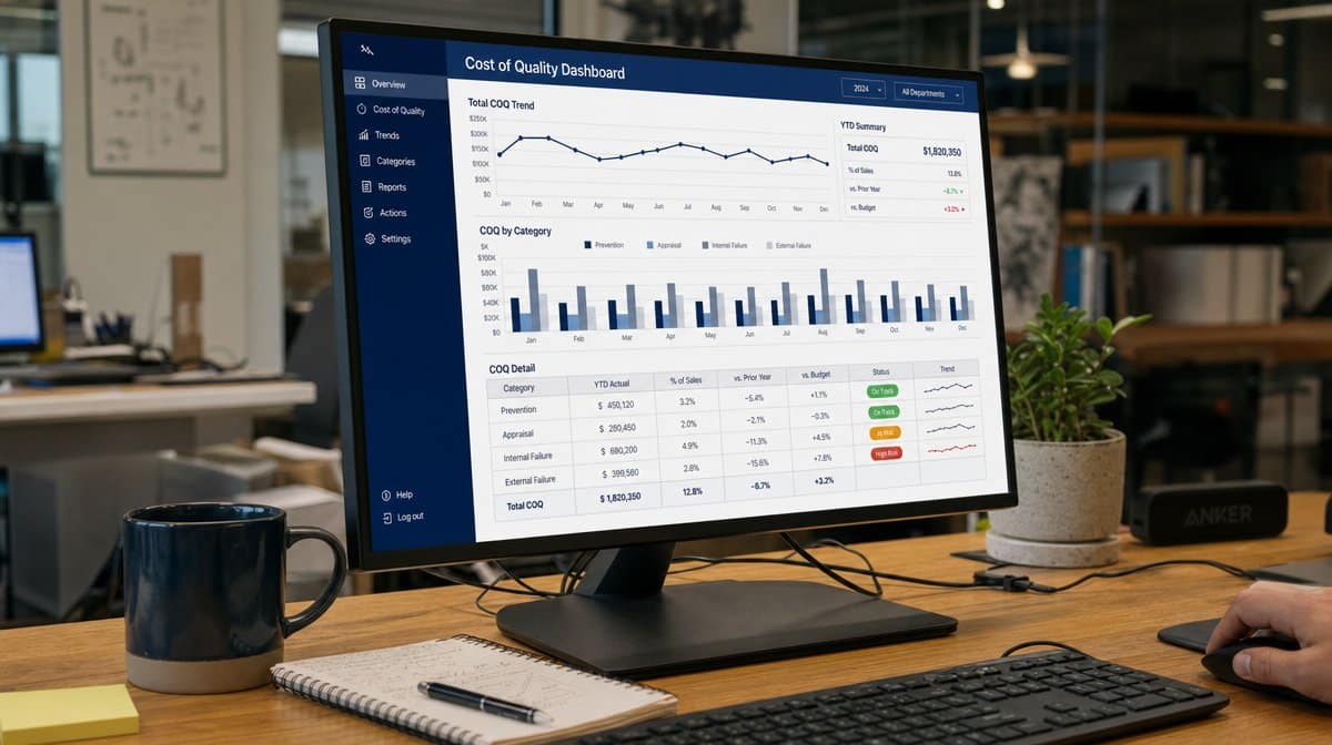 Cost of quality dashboard on a monitor comparing prevention, appraisal, and failure costs
