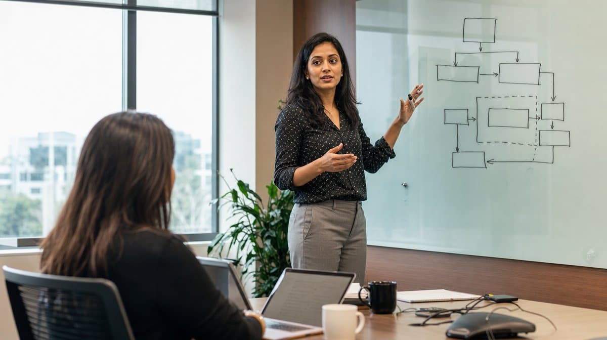 Quality engineer leading a prevention planning session at a whiteboard