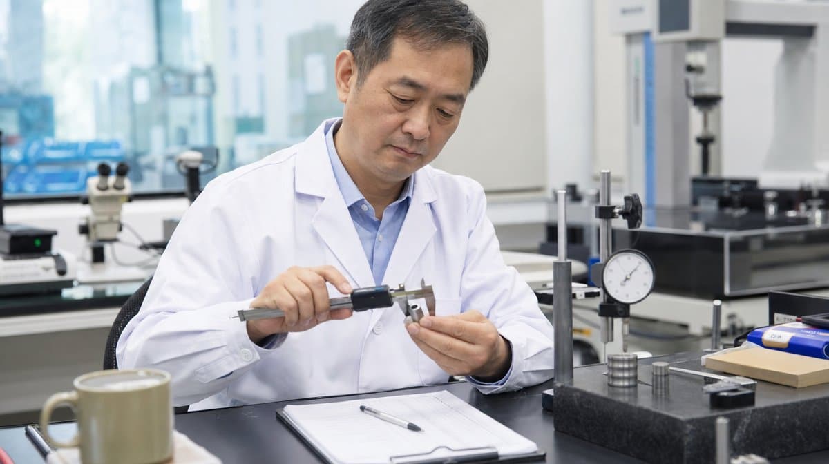Quality inspector using digital calipers to measure a machined part at a metrology bench