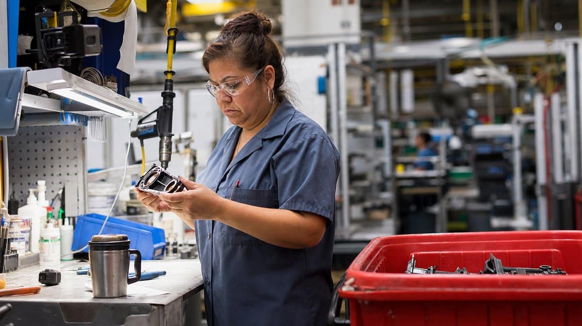 Production worker examining a defective part beside a red scrap bin at a rework station
