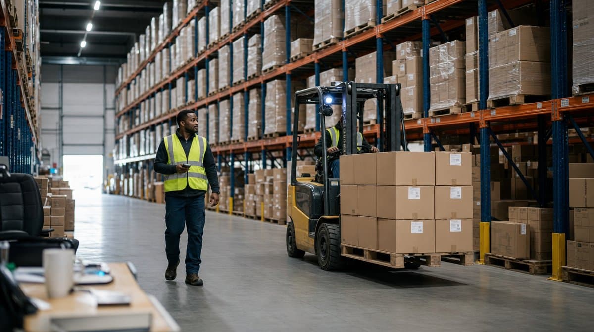 Forklift and material handler moving excess inventory in a warehouse aisle
