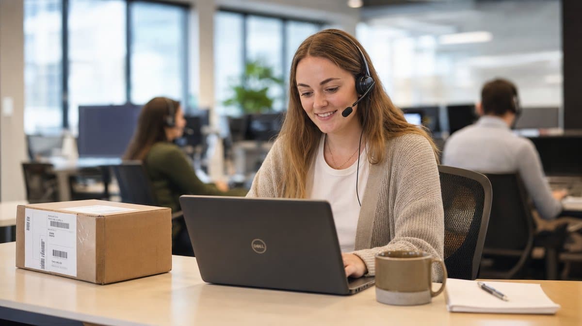 Customer service representative processing a product return and warranty claim at a support desk