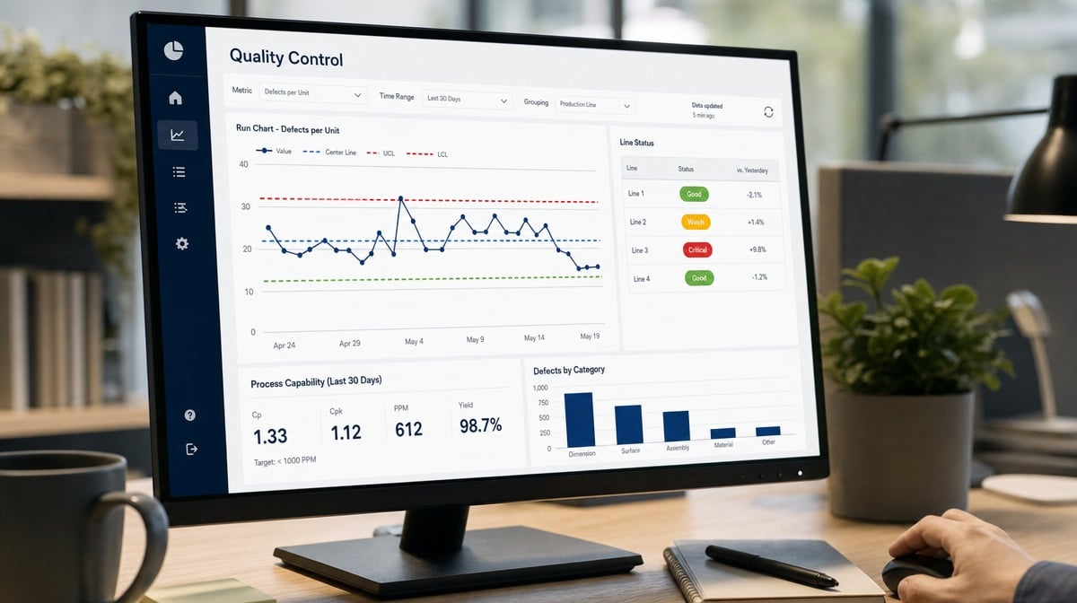 Statistical process control dashboard on a desk monitor showing a run chart with upper and lower control limits and quality status indicators