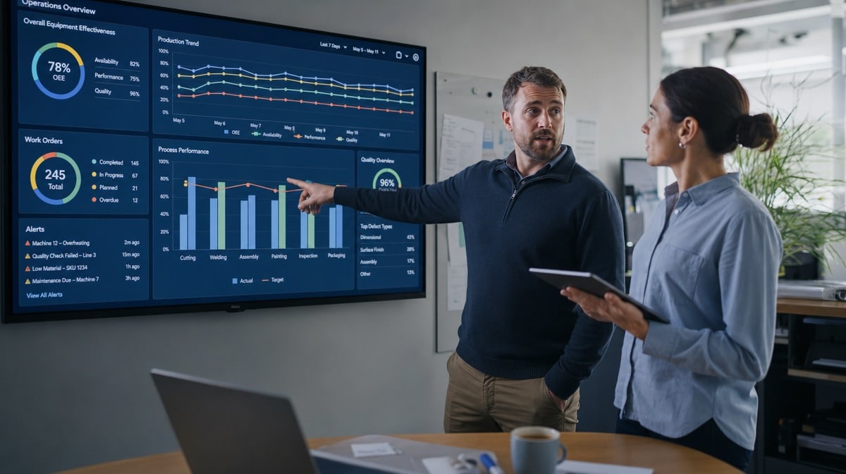 Operations manager pointing to a wall-mounted process-performance dashboard while a colleague reviews the data on a tablet