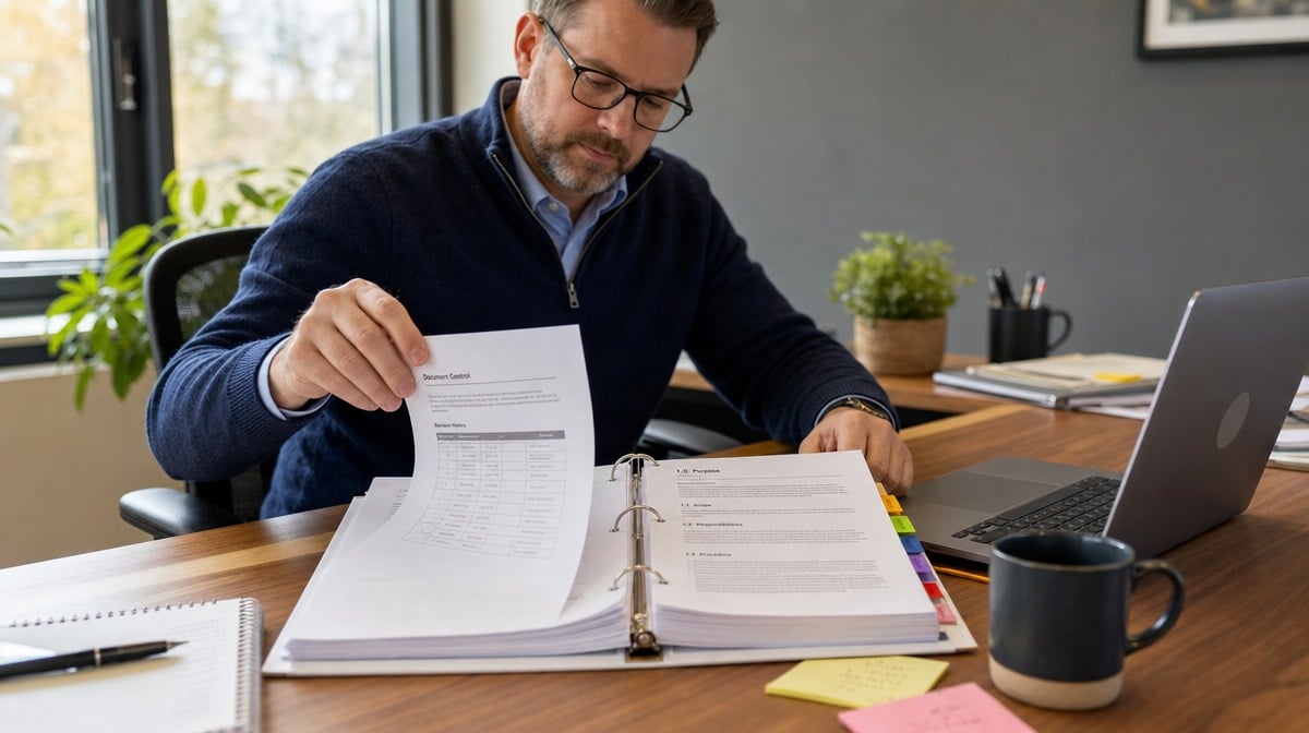 Manager at a desk reviewing a tabbed standard operating procedure binder beside an open laptop