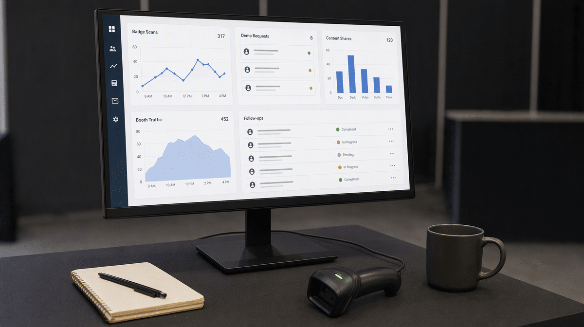 Trade show technology dashboard showing attendee engagement and lead activity