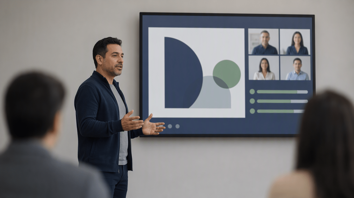 Presenter engaging in-person and remote attendees during a hybrid trade show session
