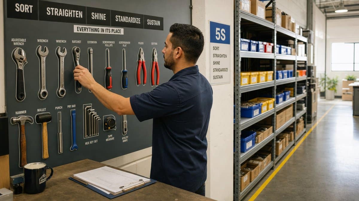 5S shadow board with labeled tool outlines and neatly organized shelving in a clean lean workspace