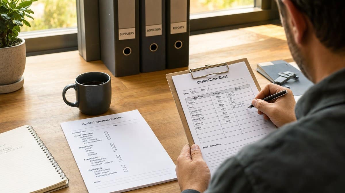 Manager filling in a paper quality check sheet on a clipboard at a tidy organized office desk