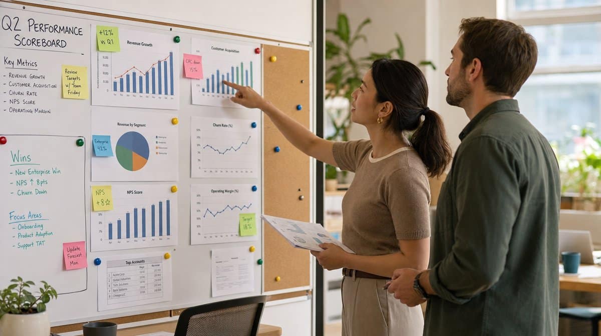 Two colleagues reviewing a physical performance visualization board with printed charts and sticky notes on an office wall