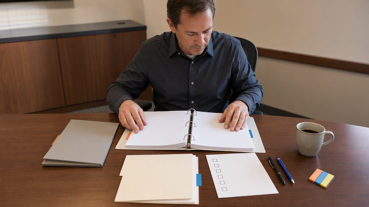 Employee organizing a workplace policy library with folders and a checklist