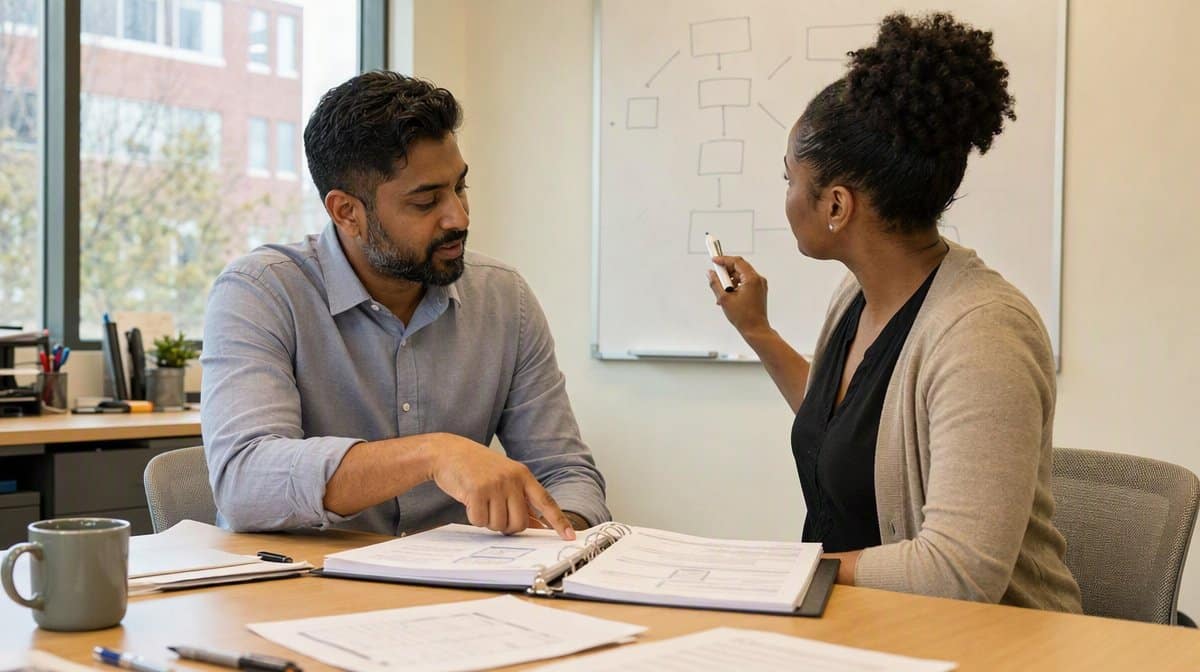 Policy owner and employee testing a workplace procedure during a working session