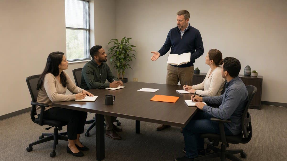 Manager training employees on workplace policies and procedures in a meeting room