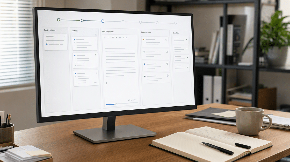 Article production workflow displayed on an office monitor