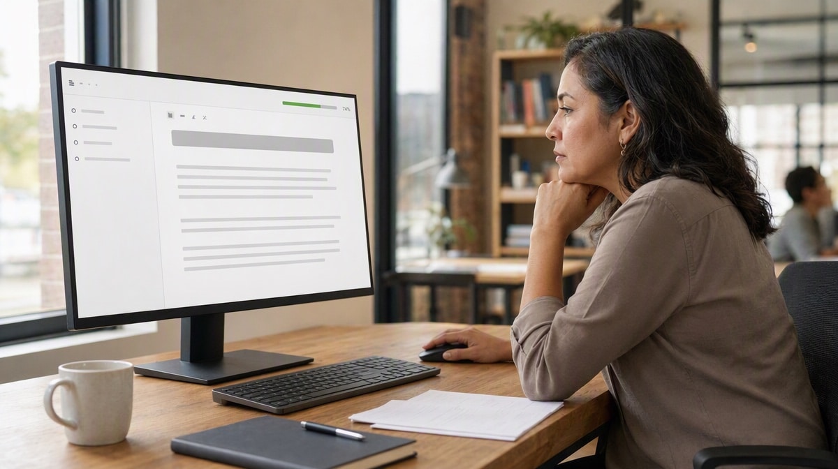 Writer following a simple outline and word target on a large monitor