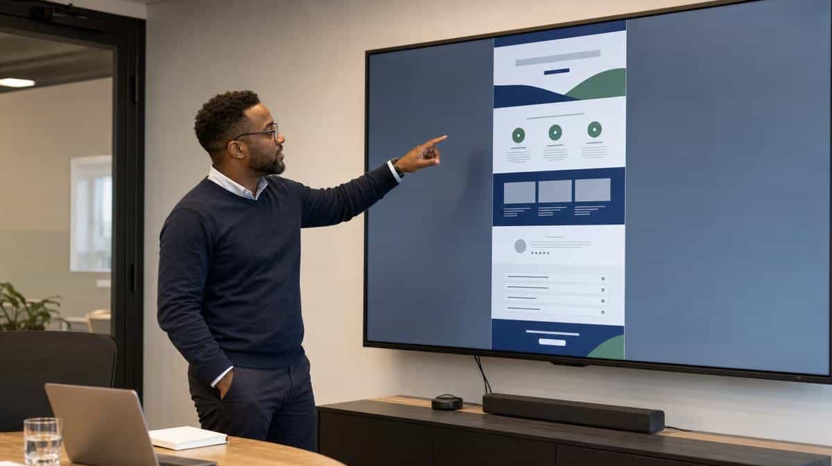 Marketing strategist reviews a structured long-form landing page