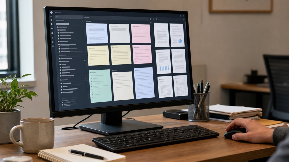 Writer organizing research sources before drafting a procedure