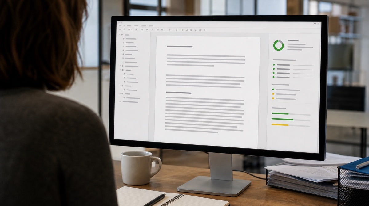 Document editor showing concise paragraphs and readability indicators