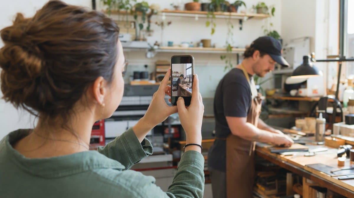 Marketing coordinator recording a vertical story clip on a smartphone inside a small business workshop