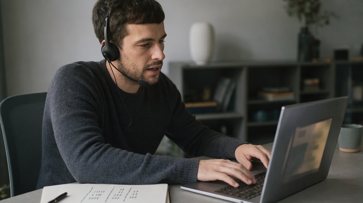 Support specialist wearing a headset replying to customer comments on a laptop beside a notepad