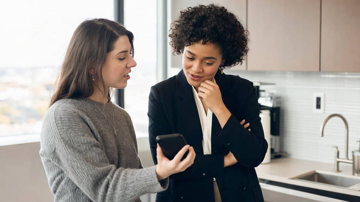 Colleague turning her phone to show a coworker a post she is about to share