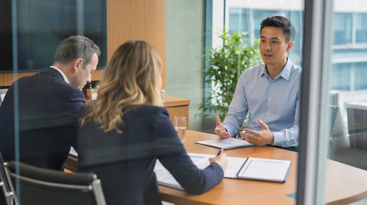 Two interviewers scoring a candidate against a shared rubric in a meeting room