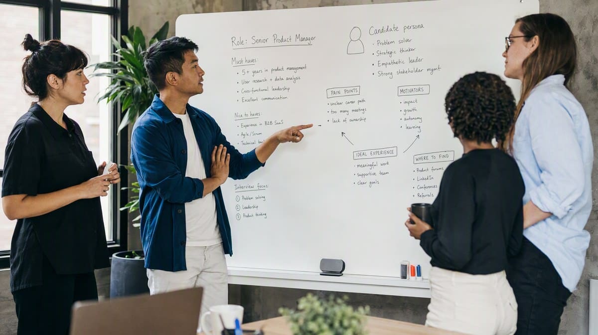 Talent team mapping role must-haves and a candidate persona on a whiteboard
