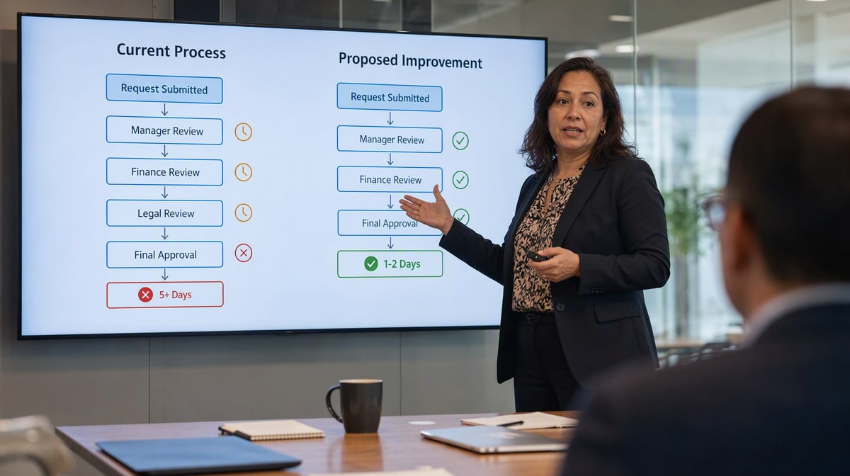 Facilitator presenting a proposed process improvement to build employee buy-in