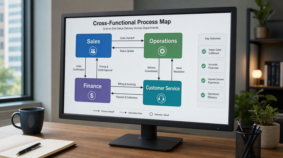 Cross-functional process map showing handoffs between business departments