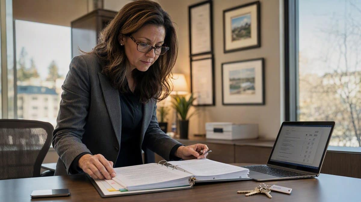 Property manager reviewing an open printed procedures binder beside a laptop checklist