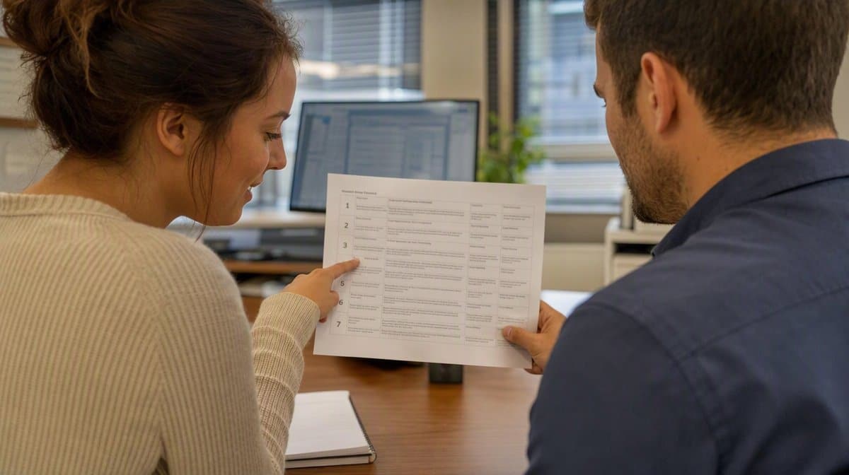 Two colleagues in a property management office reviewing a printed standard operating procedure together