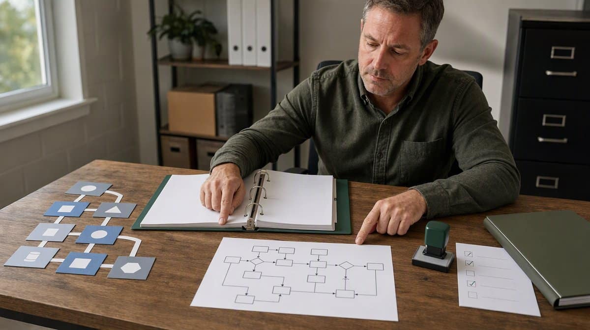 Operations manager comparing a procedure binder, workflow map, approval checklist, and system connections