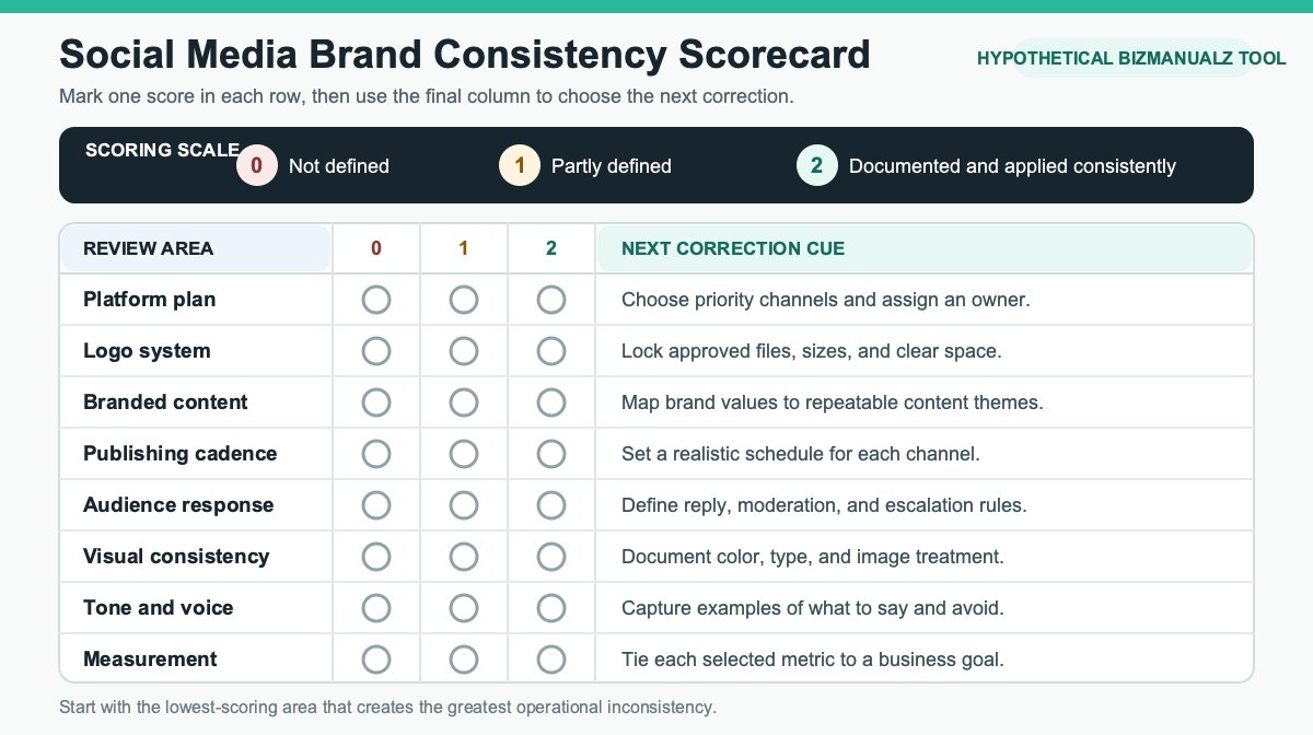 Eight-part social media brand consistency scorecard for strategy, visuals, voice, engagement, and measurement