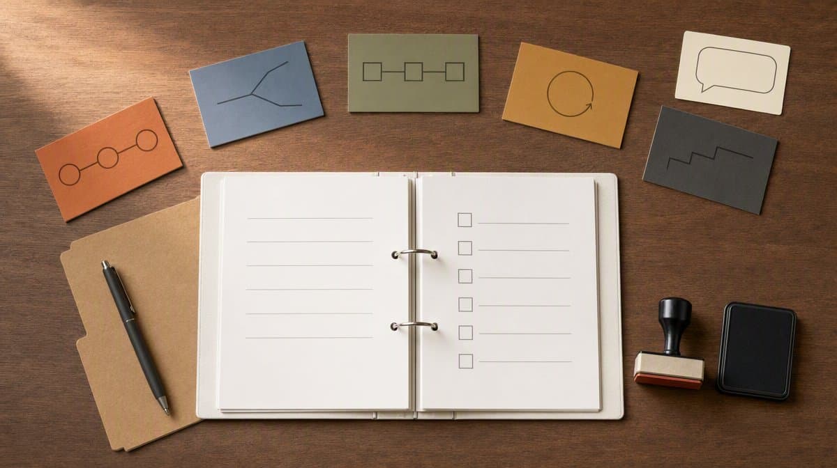 Procedure binder, approval stamp, and five task paths on a small-business operations desk