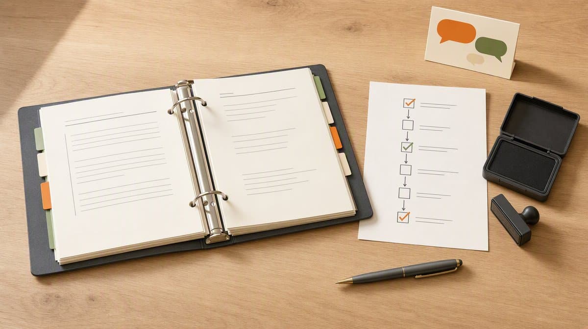 Procedure checklist, approval stamp, policy binder, and team chat card arranged on a small-business operations desk