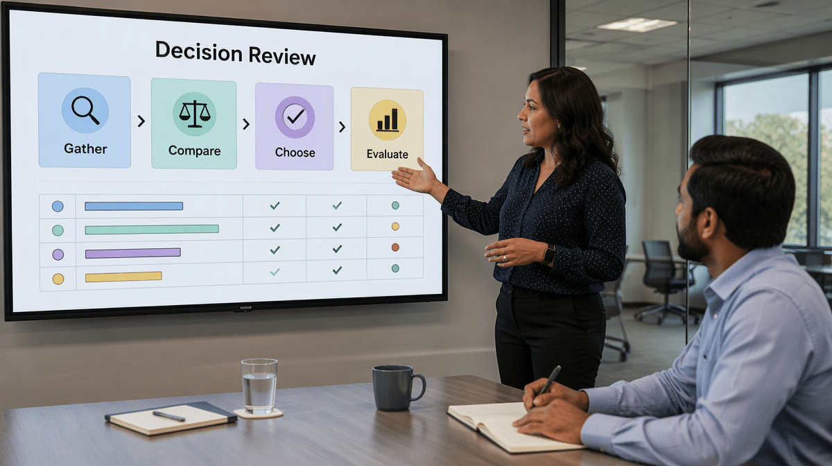 Manager presenting the stages of a consistent business decision process
