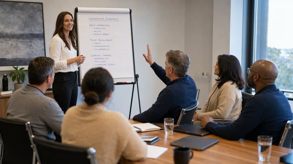 Facilitator leading a small leadership training workshop with employees around a conference table