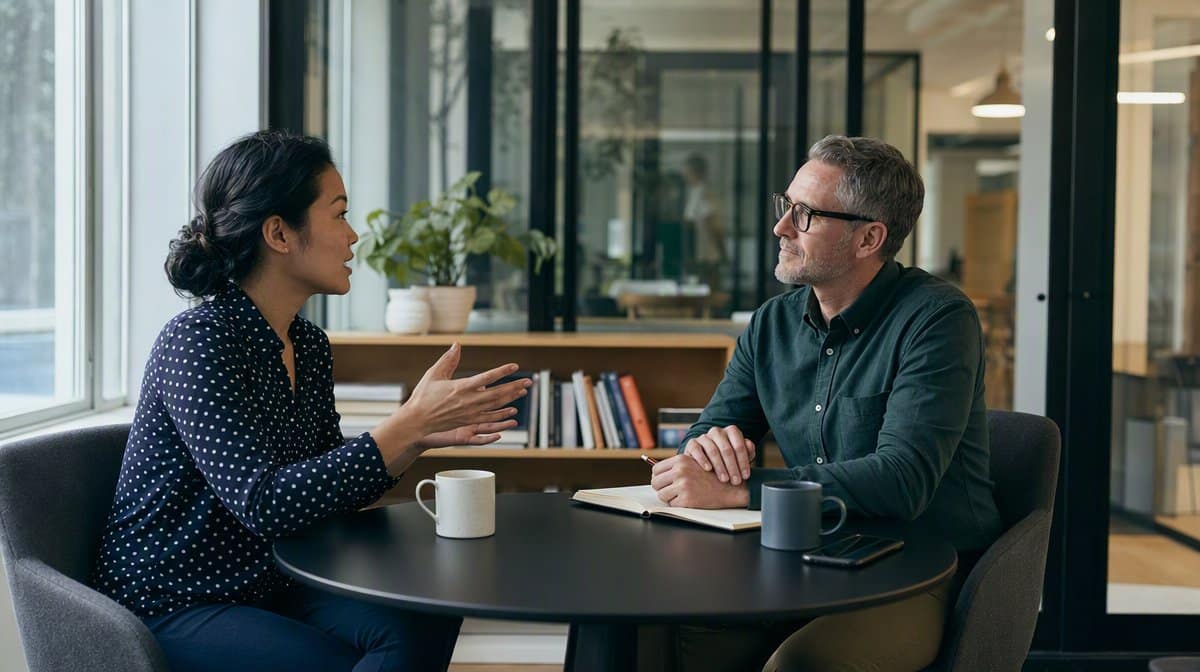 Senior manager and mid-career employee in a mentoring conversation in an office breakout area