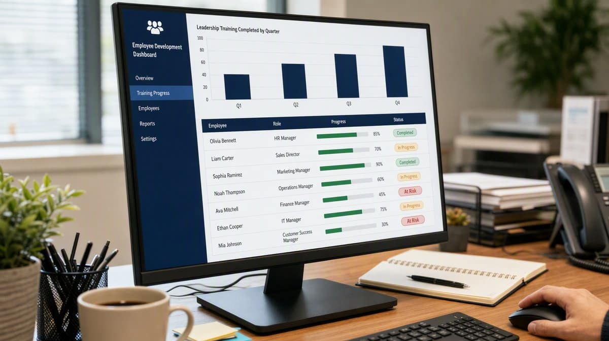 HR manager reviewing an employee development tracking dashboard on an office monitor