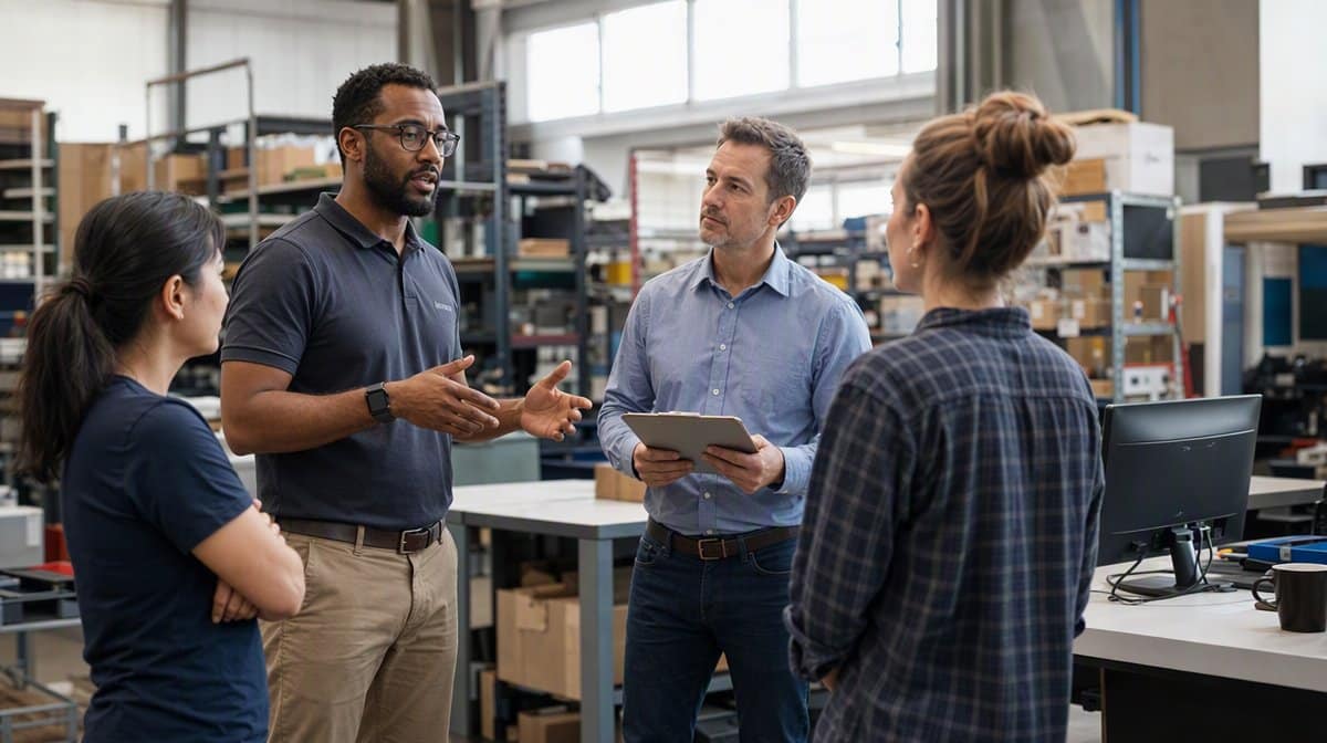 Team leader listening to a team member during a huddle on an operations floor