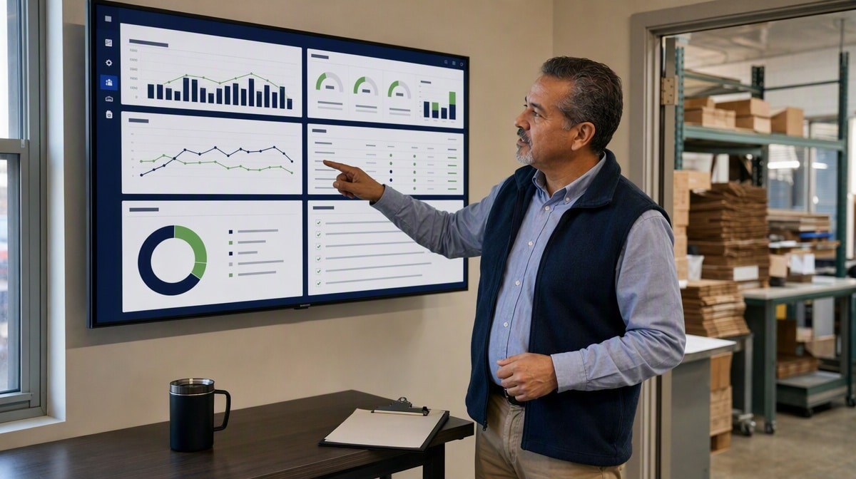 Operations manager reviewing energy use and waste reduction metrics