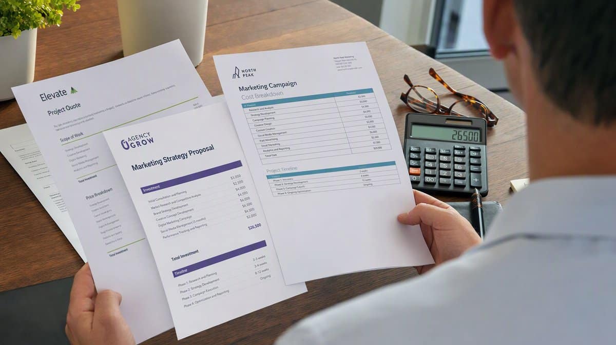 Business owner comparing printed marketing agency quotes and cost breakdowns