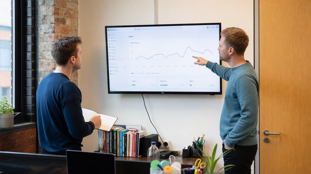 Two colleagues reviewing website traffic and sales figures on an office monitor